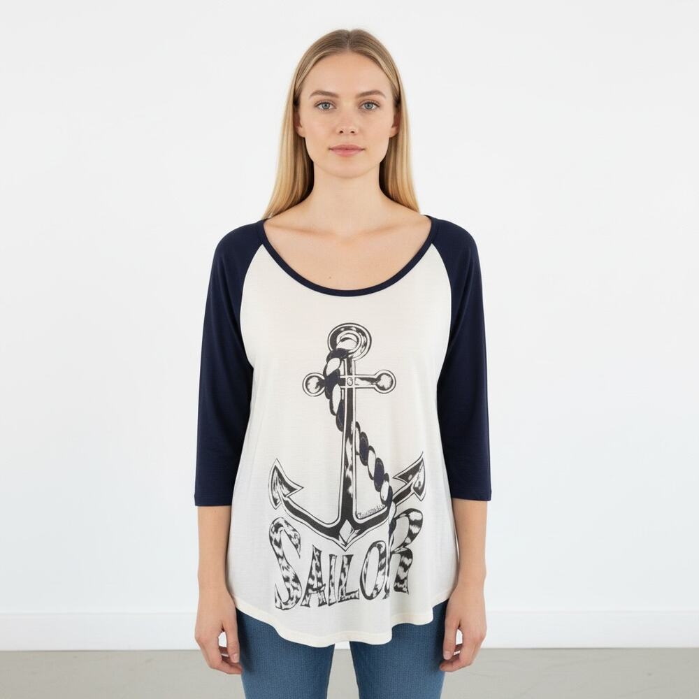 Lauren Moshi Sailor Anchor Graphic Top S Navy White Raglan 3/4 Sleeve Womens